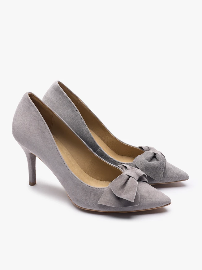 Hellgraue Stiletto-Schleifen-Pumps