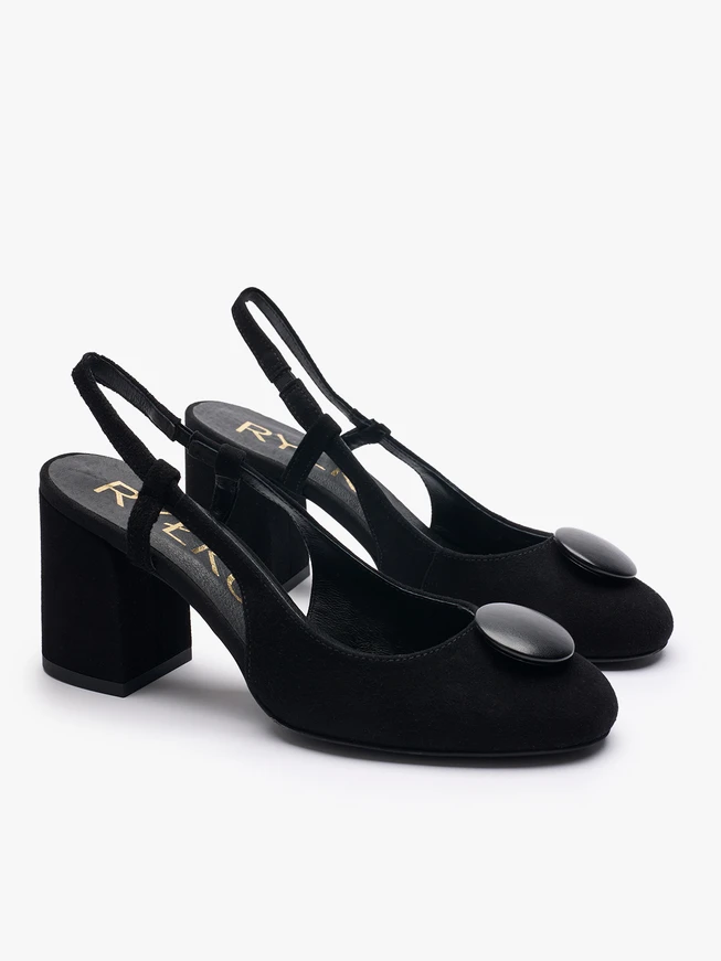 Schwarze Velours-Slingback-Pumps ohne Absatz mit Verzierung