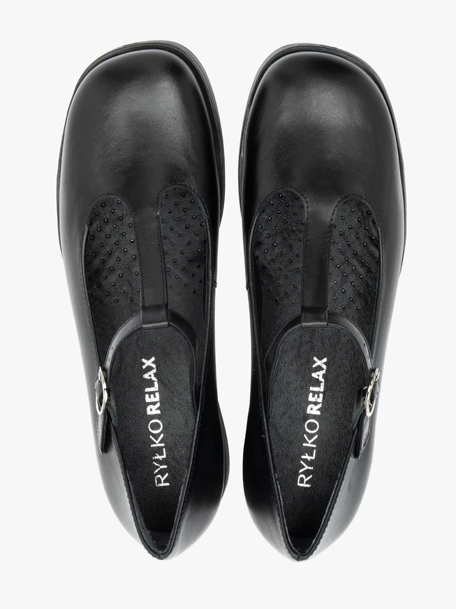 Schwarze T-Bar Vollnarbenleder Ballerinas