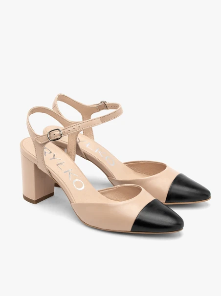 Beigefarbene und schwarze Damen-Pumps mit offenem Absatz
