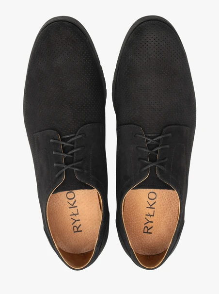 Schwarze Nubuk-Halbschuhe für Männer mit Perforationen auf dem Schaft