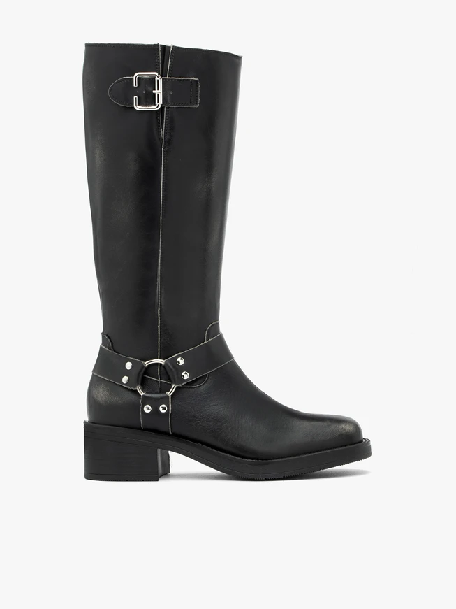 Schwarze Biker-Stiefel aus genarbtem Leder