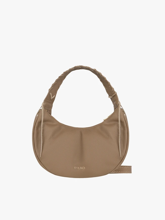 Dunkelbeige Lederhandtasche mit Besatz