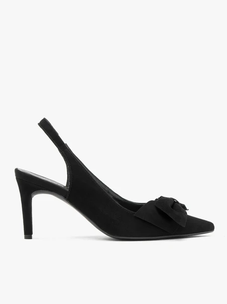 Welurowe czółenka typu slingback z kokardą
