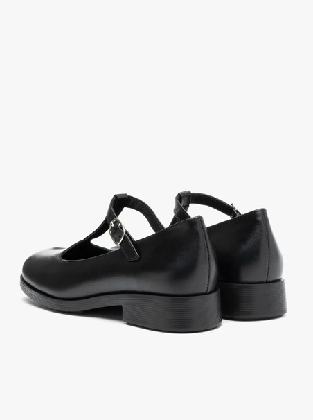 Schwarze T-Bar Vollnarbenleder Ballerinas