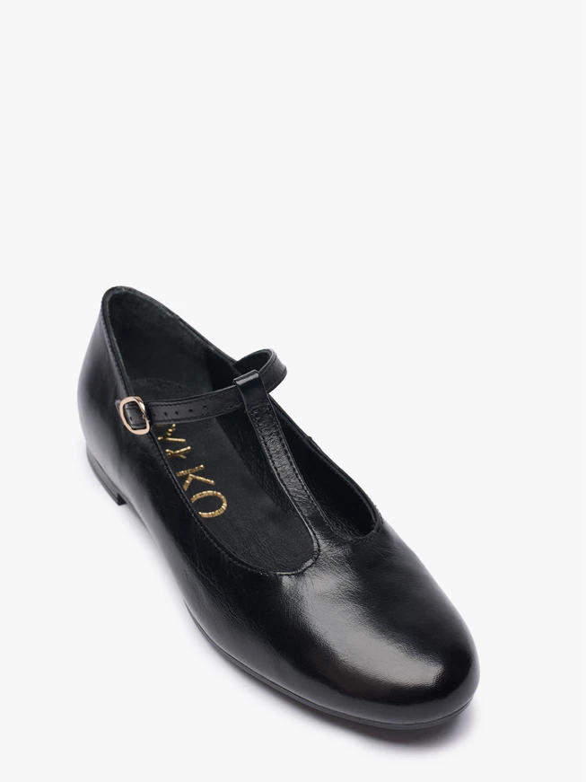 Schwarze T-Bar Vollnarbenleder Ballerinas