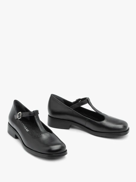 Schwarze T-Bar Vollnarbenleder Ballerinas