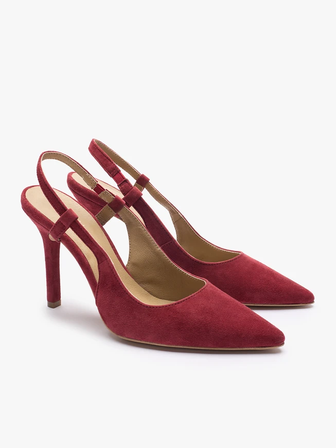 Kastanienbraune Slingback-Pumps aus Veloursleder ohne Absatz