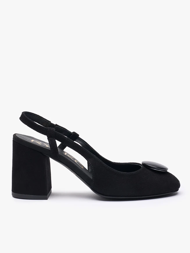 Schwarze Velours-Slingback-Pumps ohne Absatz mit Verzierung