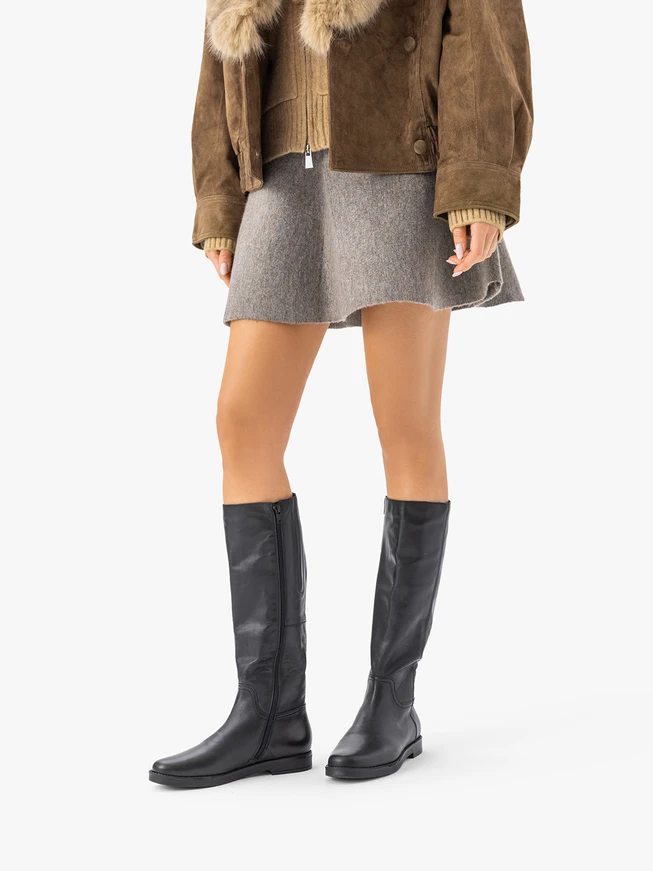 Black suede slim-fit flat boots