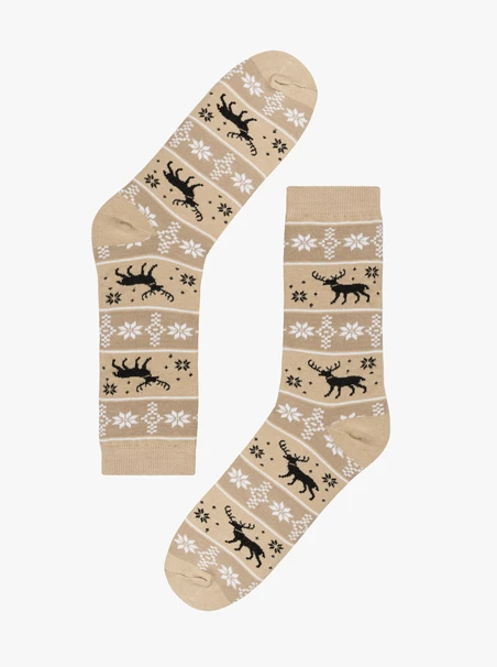 Beige and brown unisex Christmas socks with reindeer
