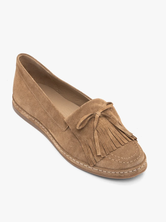 Dunkelbeige Ballerinas mit Fransen