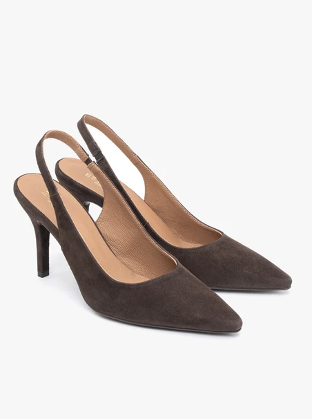 Brązowe czółenka bez pięty slingback na wysokim obcasie