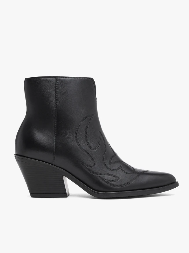 Black cowboy-style ankle boots with stitching