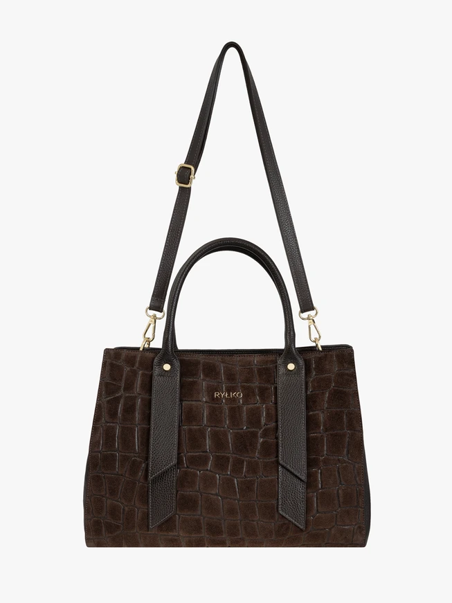 Dark brown large handbag crocodile leather pattern