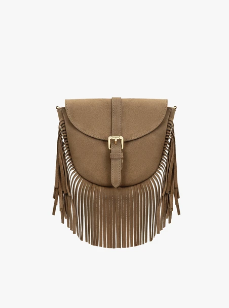 Beige Handtasche mit Quasten und Riemen
