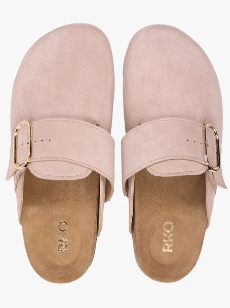 Beige suede mule shoes with buckle