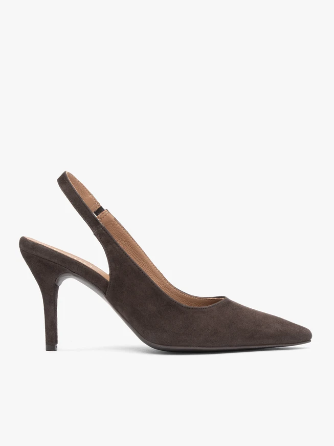 Brązowe czółenka bez pięty slingback na wysokim obcasie