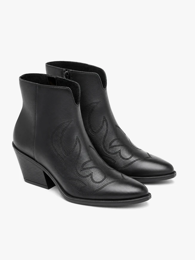 Black cowboy-style ankle boots with stitching