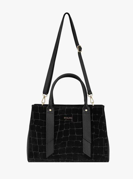Black large handbag crocodile leather pattern