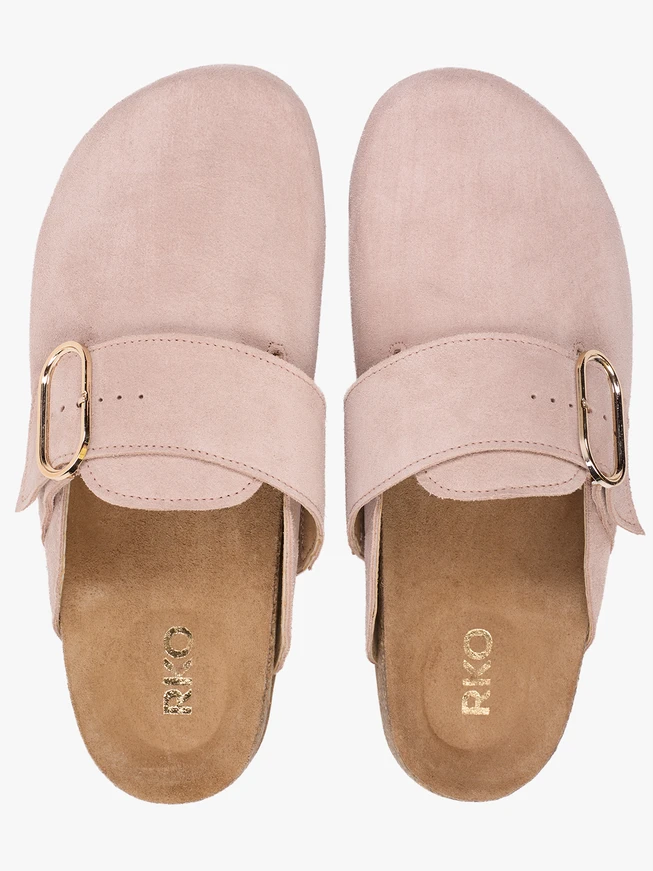 Beige suede mule shoes with buckle