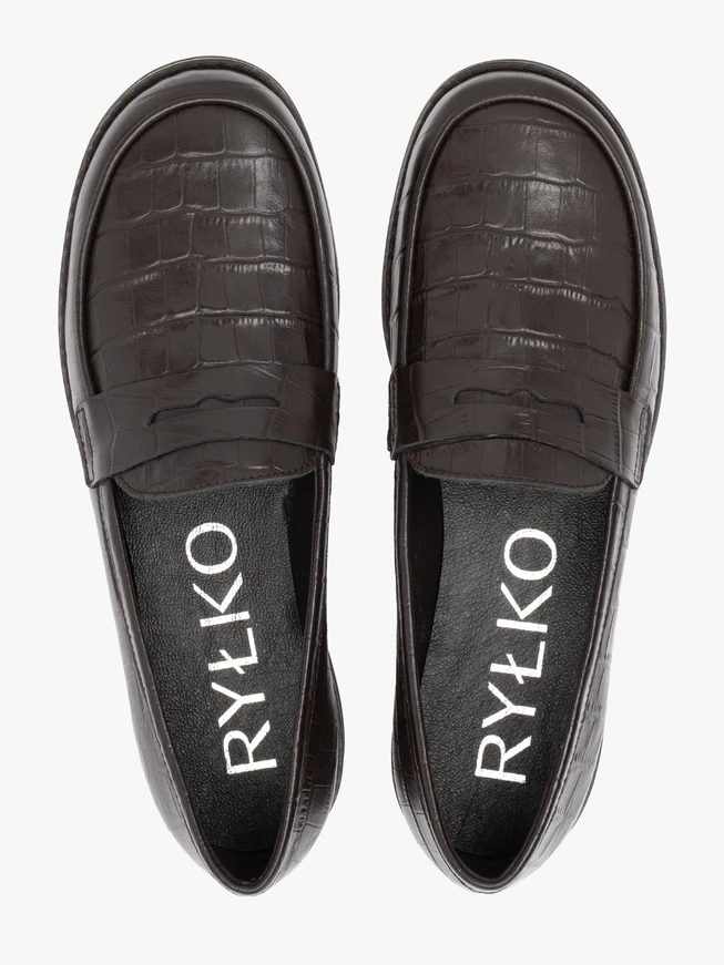 Dark brown embossed leather moccasins