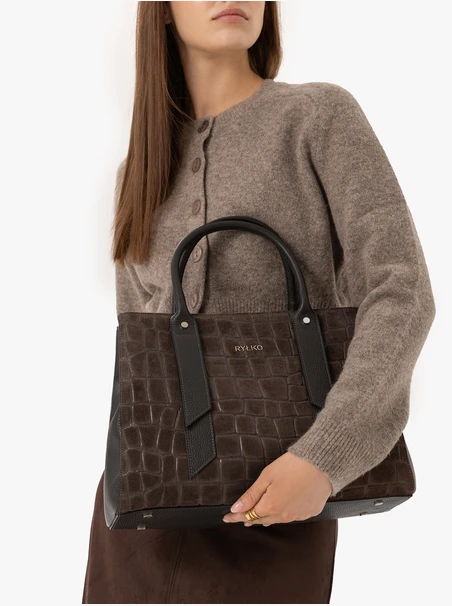 Dark brown large handbag crocodile leather pattern