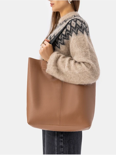 Ruda torba shopperka ze skóry i tkaniny