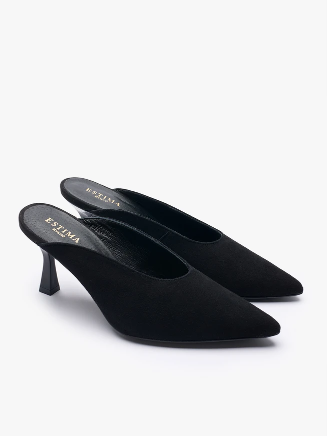 Schwarze Flare-Flip-Flops aus Veloursleder mit Absätzen