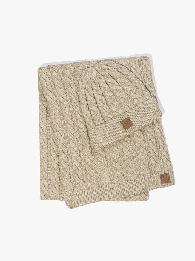 Beige kariertes Set: Mütze und Schal