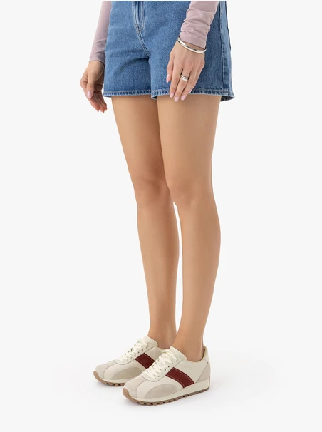 Cream Women’s Sneakers with Burgundy Stripe