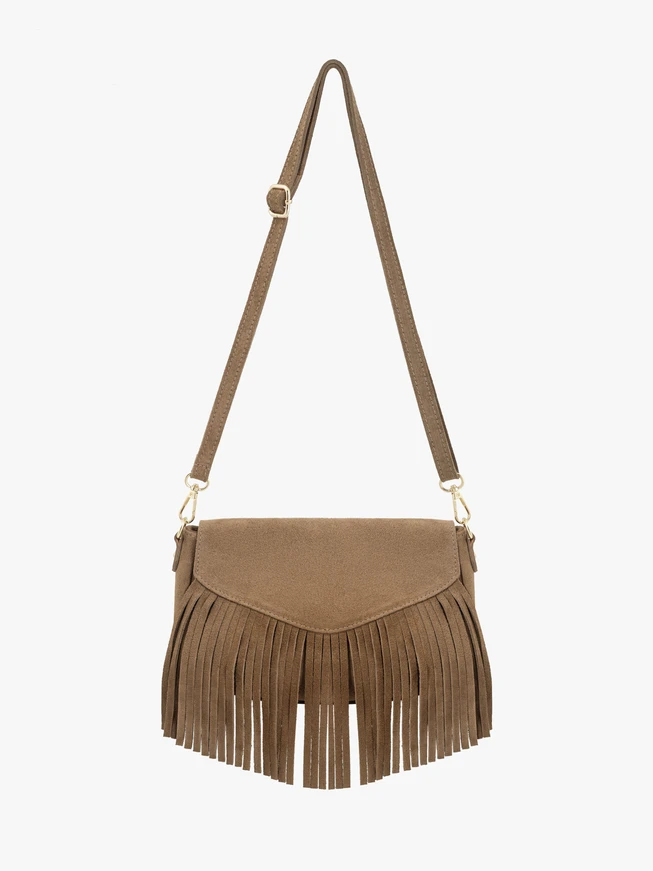 Dark beige clutch bag with tassels