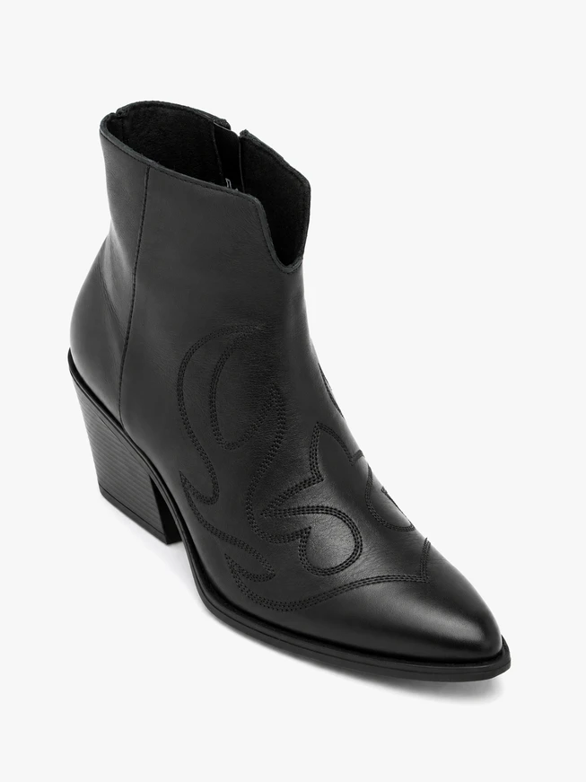 Black cowboy-style ankle boots with stitching