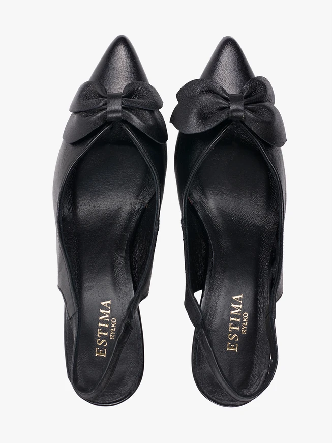 Czarne czółenka bez pięty slingback z kwiatem