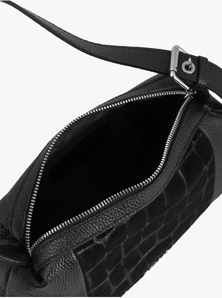 Black handbag with a crocodile-skin pattern