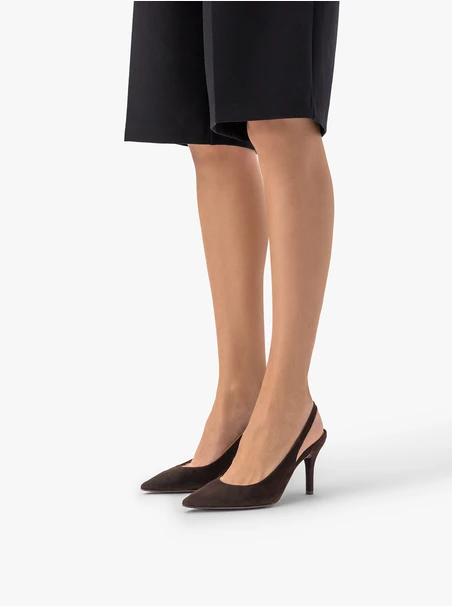 Brązowe czółenka bez pięty slingback na wysokim obcasie