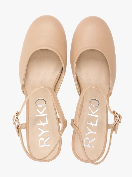 Beigefarbene Slingback-Pumps aus Leder ohne Absatz