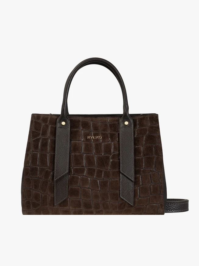Dark brown large handbag crocodile leather pattern