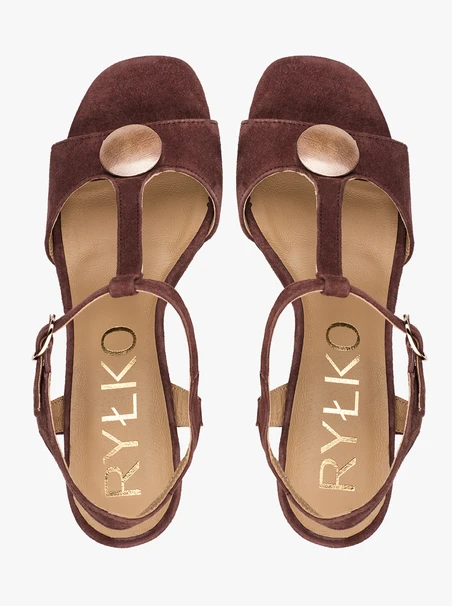 Dunkelbraune T-Bar-Sandalen mit Verzierung