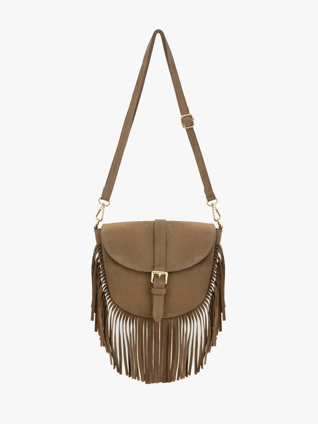 Beige Handtasche mit Quasten und Riemen