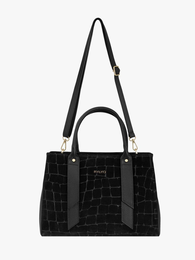Black large handbag crocodile leather pattern