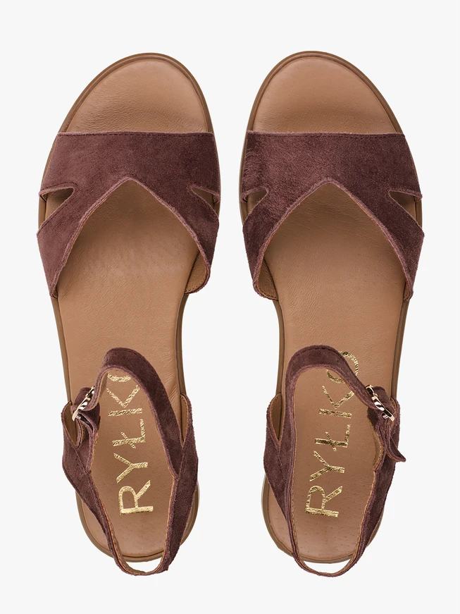 Flache Sandalen aus braunem Veloursleder