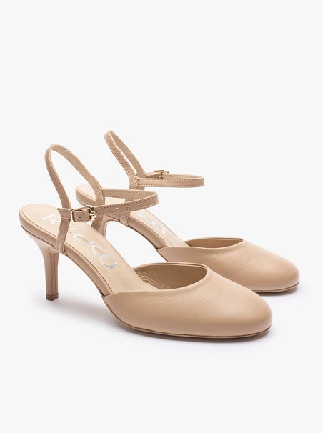 Beigefarbene Slingback-Pumps aus Leder ohne Absatz