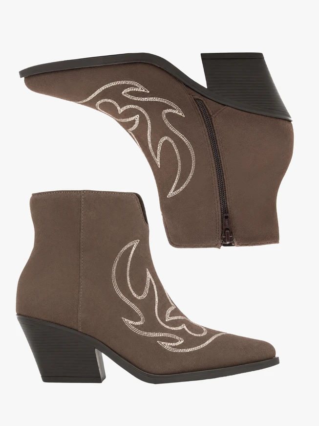 Brown cowboy-style ankle boots with stitching