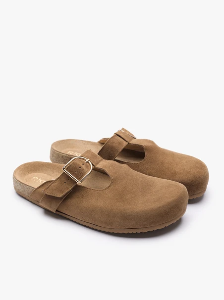 Light brown suede mules with buckle