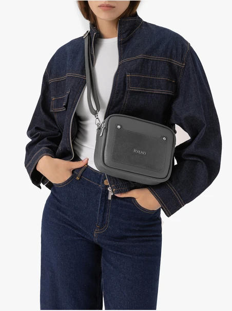 Graphite-colored handbag made of full-grain leather and suede