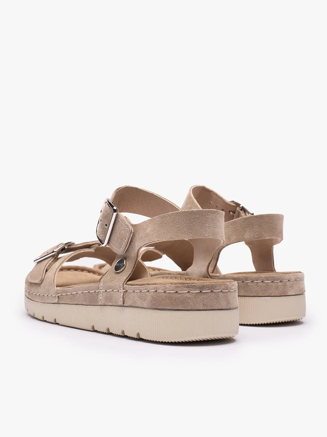 Dunkelbeige Sandalen auf einem dickeren Boden mit zwei Riemen