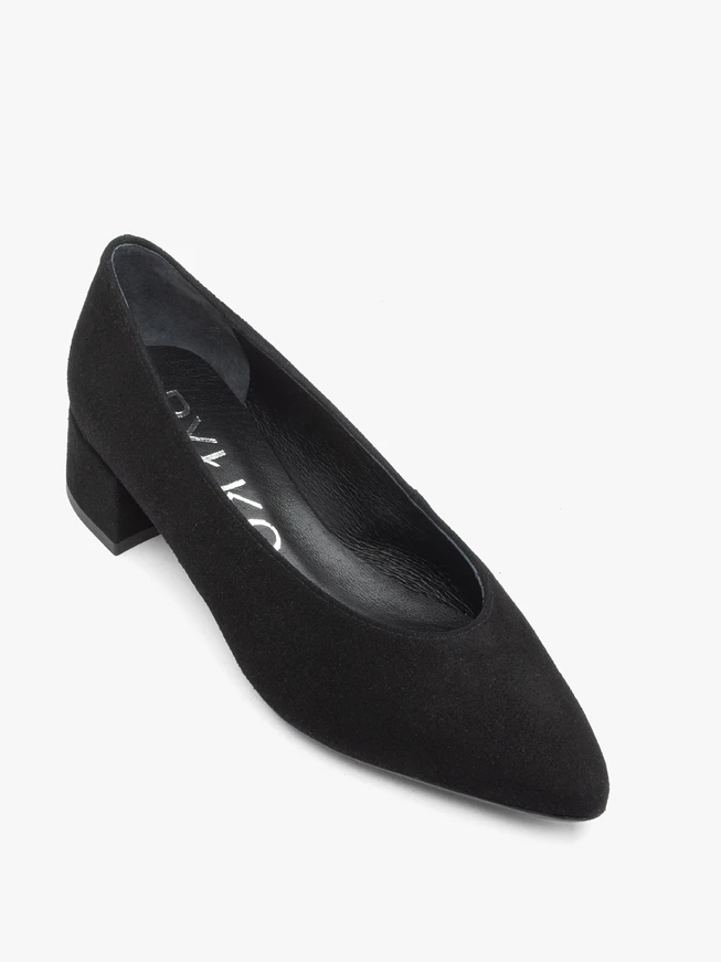 Black velour pumps on a low post