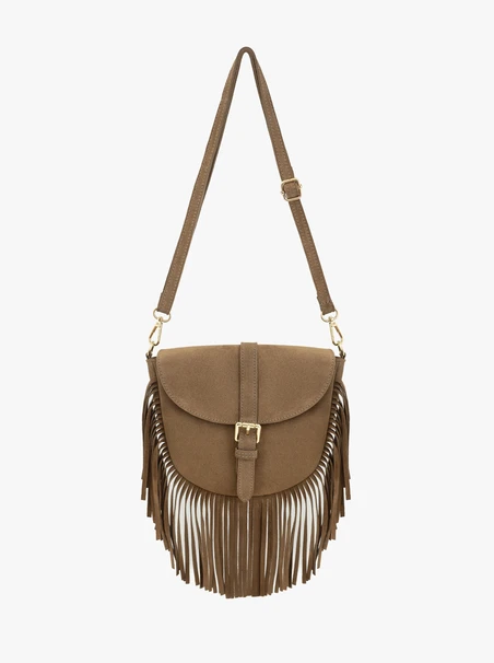 Beige Handtasche mit Quasten und Riemen