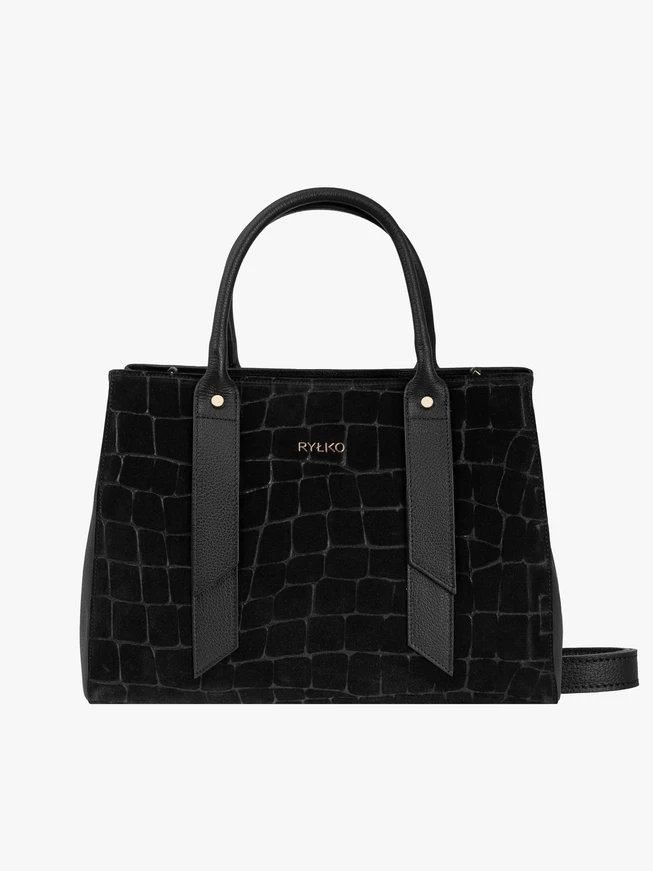 Black large handbag crocodile leather pattern